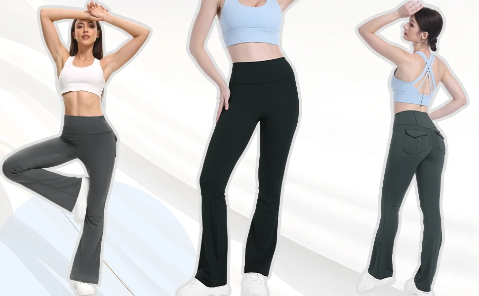 Women's High Waisted Flared Yoga Pants with Pockets Tummy Control Bootcut Leggings for Gym Fitness Casual Wear