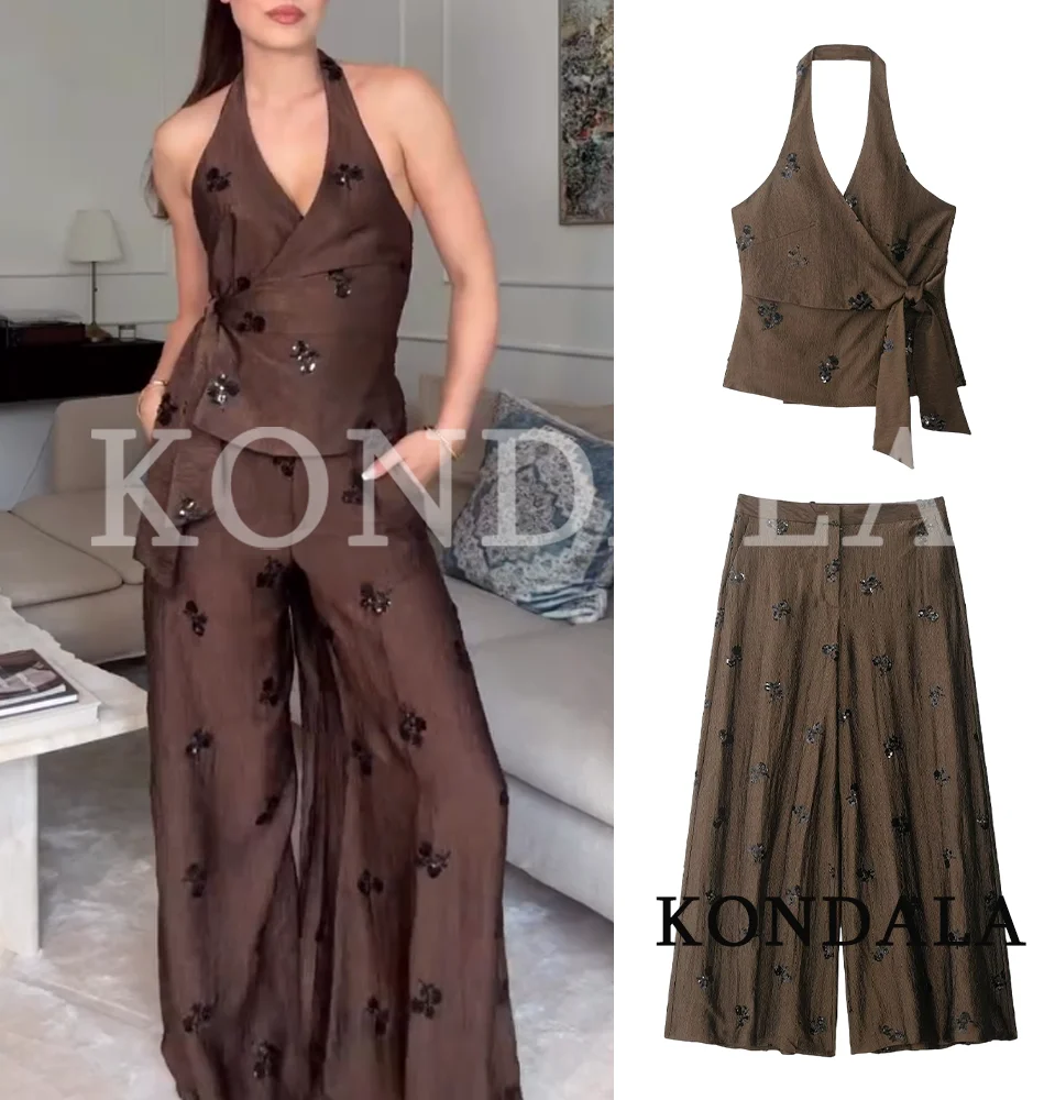 Women Elegant Bead Embroidered Pants Set KONDALA 2026 Summer Trendy Halter Vest,Wide-Leg Pants Lady High Street Holiday Pant Set