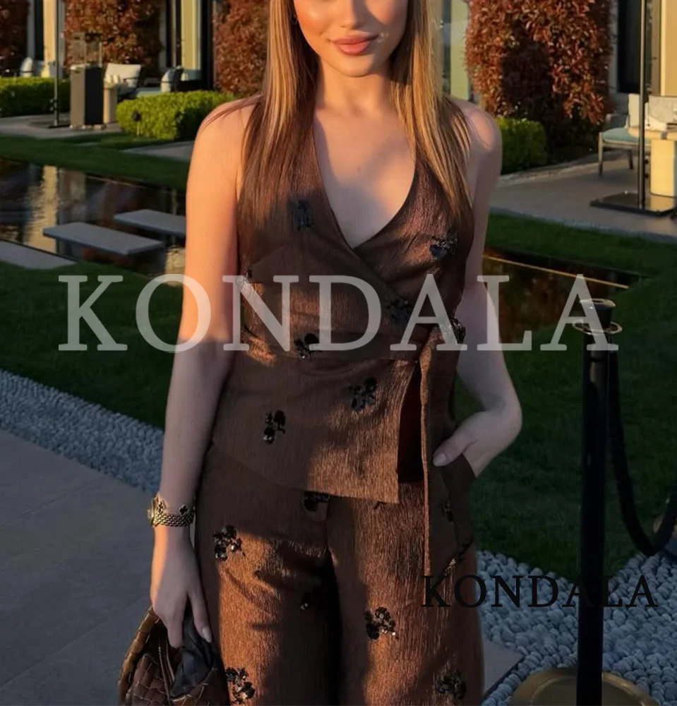 Women Elegant Bead Embroidered Pants Set KONDALA 2026 Summer Trendy Halter Vest,Wide-Leg Pants Lady High Street Holiday Pant Set