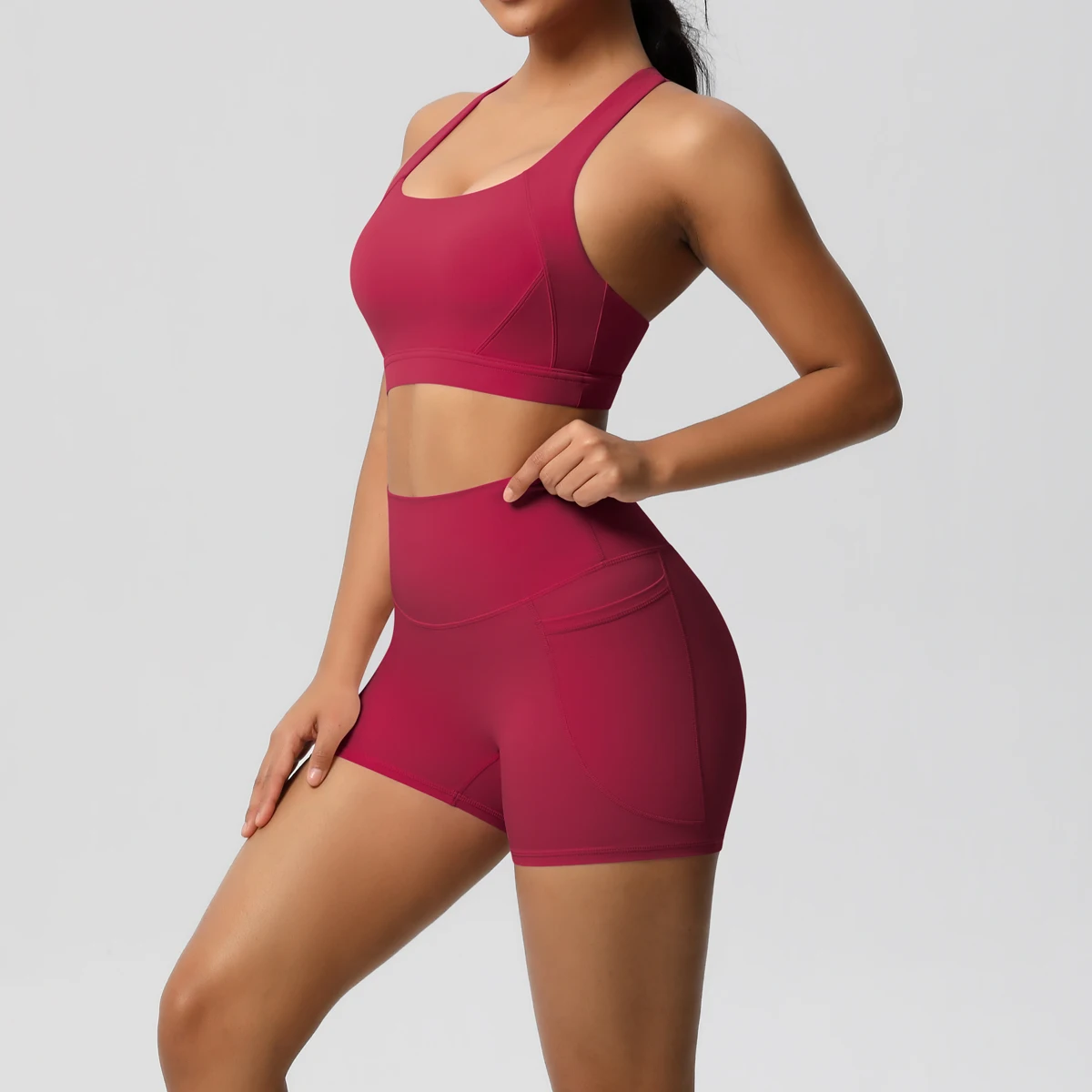 2PCS Sportswear With Pocketed Yoga Set Gym Clothes Yoga Suits For Women Tracksuits Sports Shorts Crossover Bra Gym Leggings