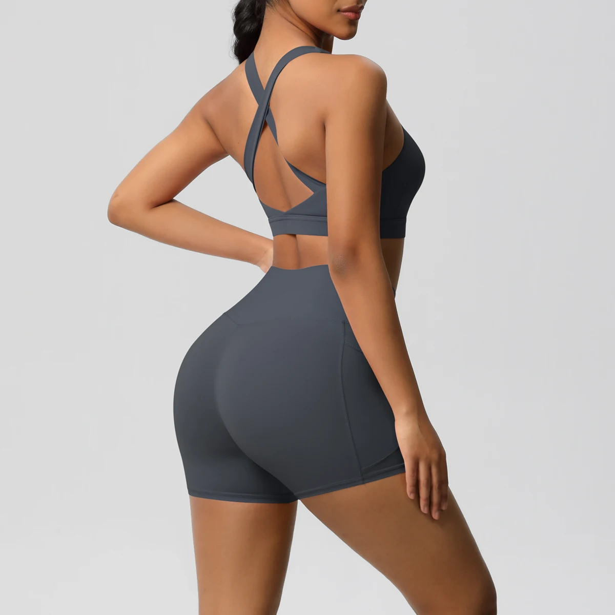 2PCS Sportswear With Pocketed Yoga Set Gym Clothes Yoga Suits For Women Tracksuits Sports Shorts Crossover Bra Gym Leggings