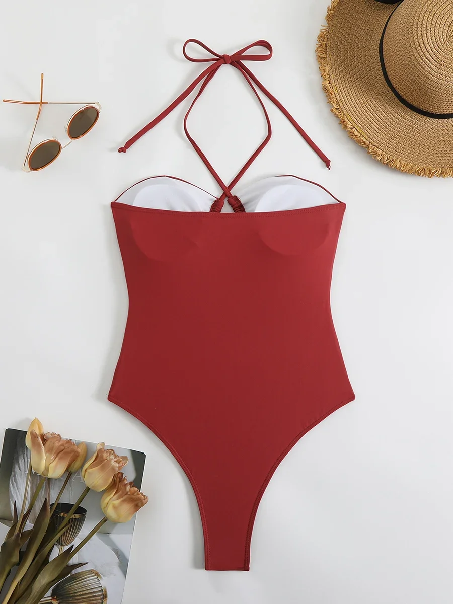 Sexy Halter Top Bikinis Bandeau Swimwear One Piece Women Swimsuit 2025 Female Bath Bathing Suit Swimming for Beach Wear Monokini