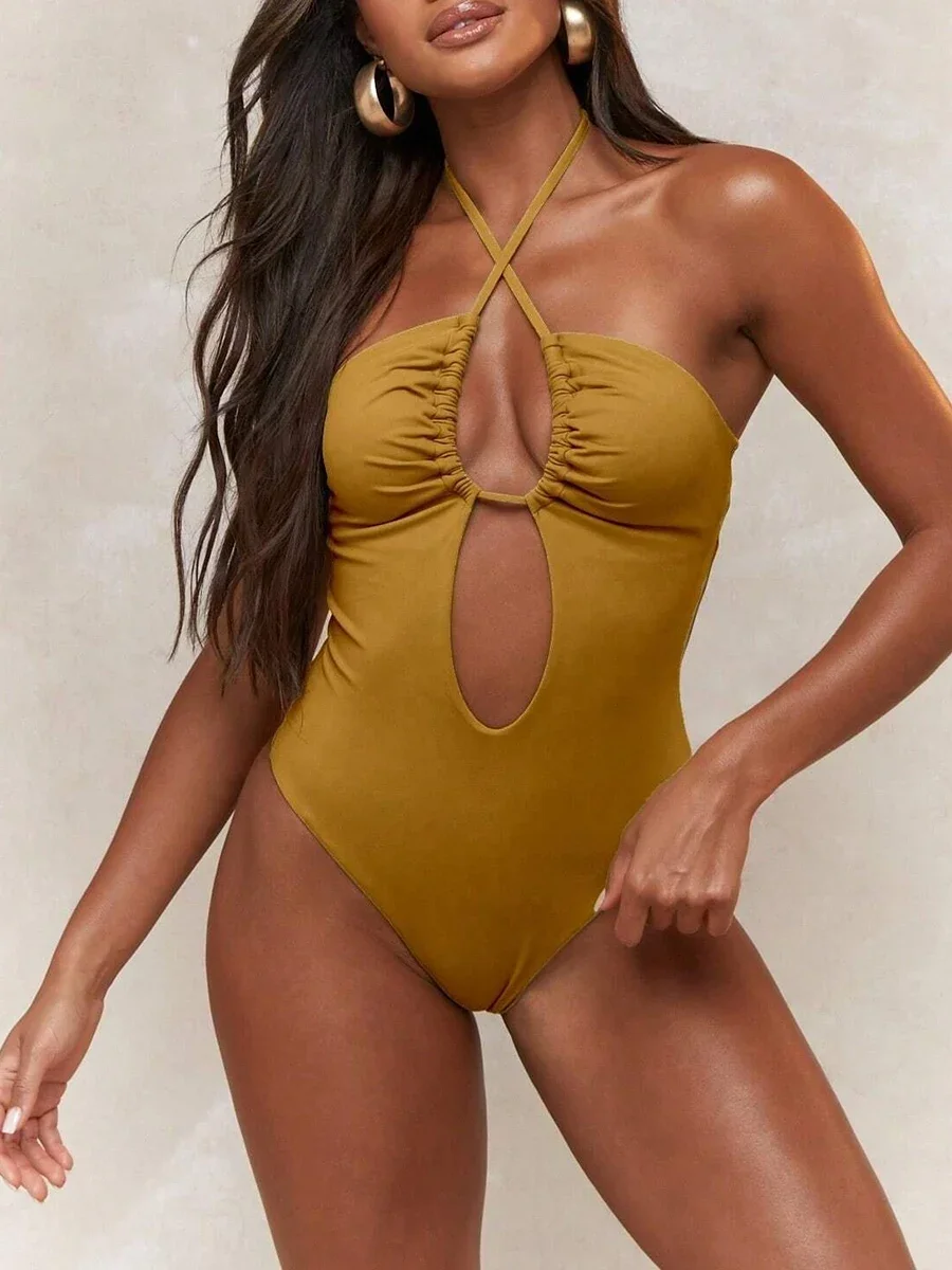 Sexy Halter Top Bikinis Bandeau Swimwear One Piece Women Swimsuit 2025 Female Bath Bathing Suit Swimming for Beach Wear Monokini