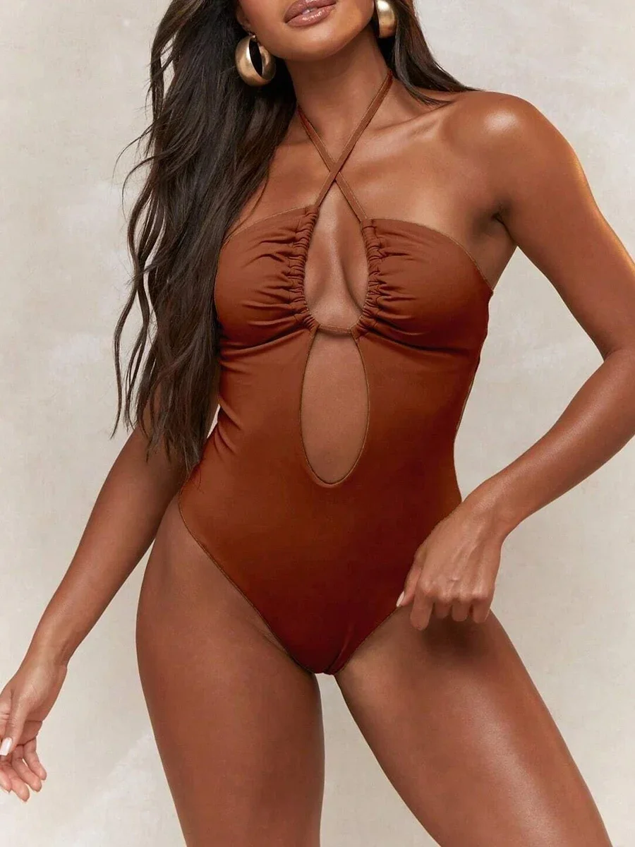 Sexy Halter Top Bikinis Bandeau Swimwear One Piece Women Swimsuit 2025 Female Bath Bathing Suit Swimming for Beach Wear Monokini