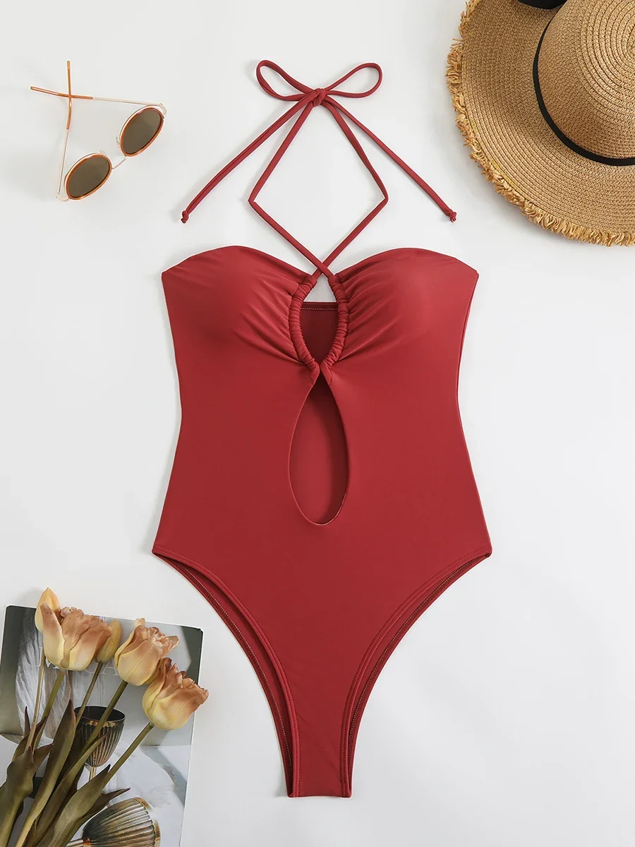 Sexy Halter Top Bikinis Bandeau Swimwear One Piece Women Swimsuit 2025 Female Bath Bathing Suit Swimming for Beach Wear Monokini