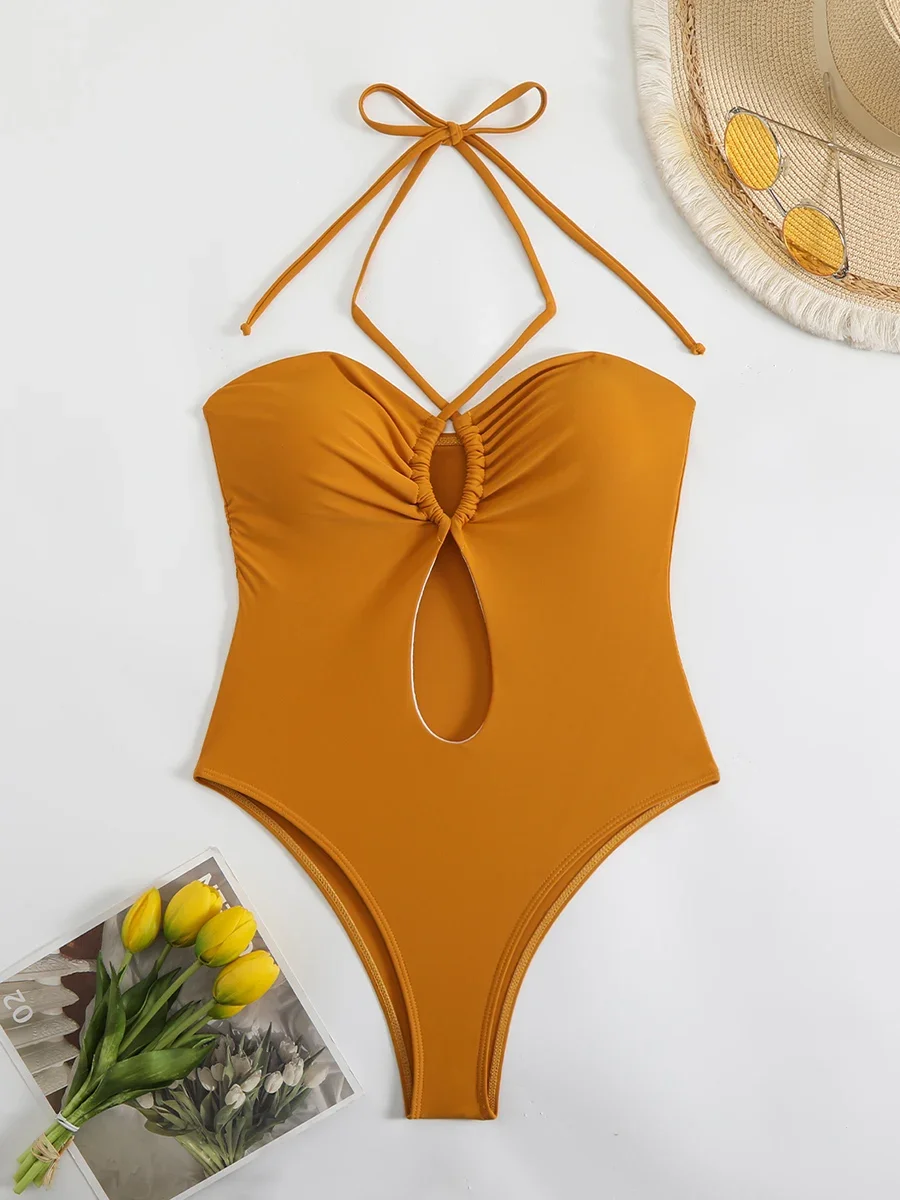 Sexy Halter Top Bikinis Bandeau Swimwear One Piece Women Swimsuit 2025 Female Bath Bathing Suit Swimming for Beach Wear Monokini