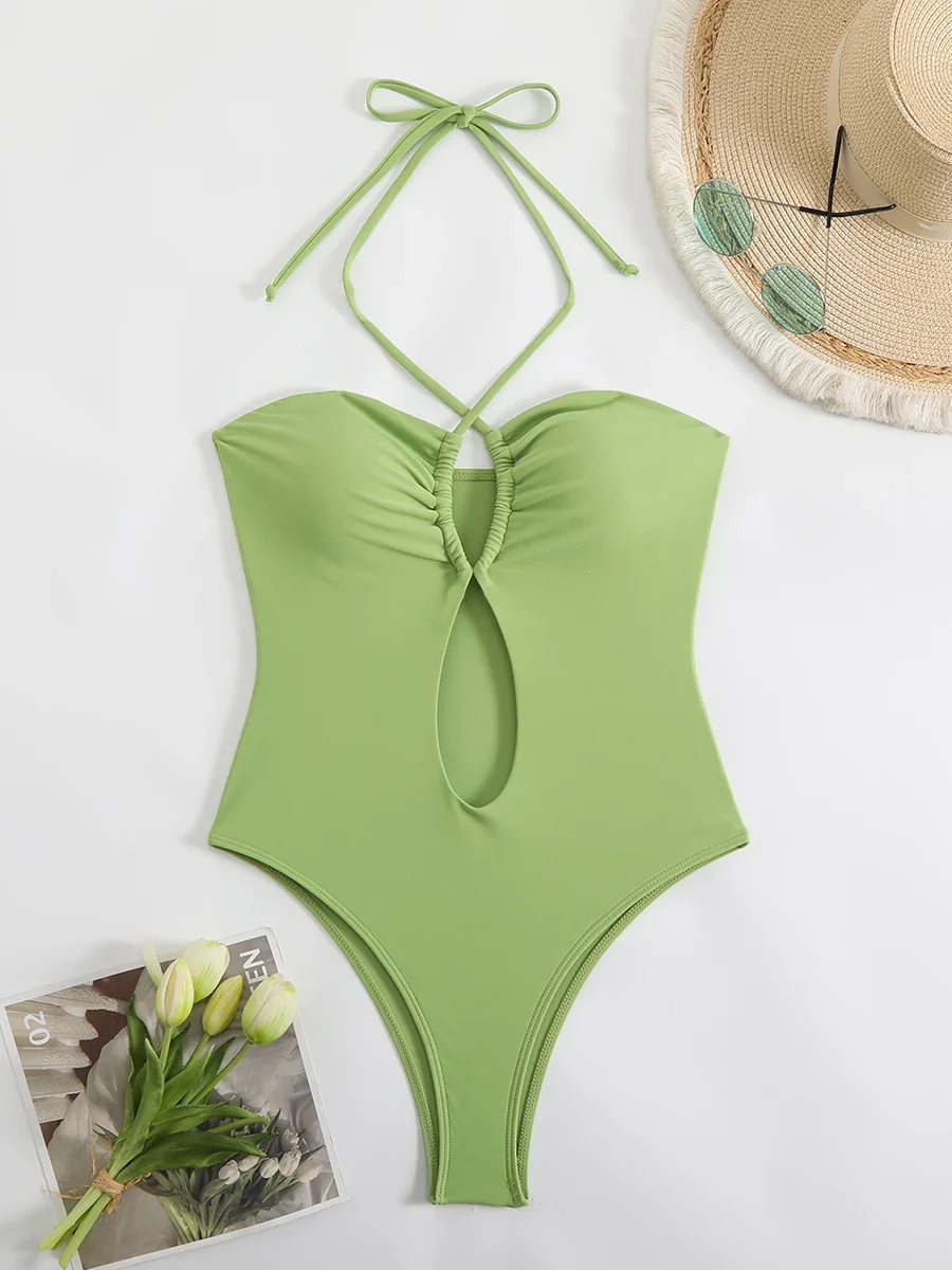 Sexy Halter Top Bikinis Bandeau Swimwear One Piece Women Swimsuit 2025 Female Bath Bathing Suit Swimming for Beach Wear Monokini