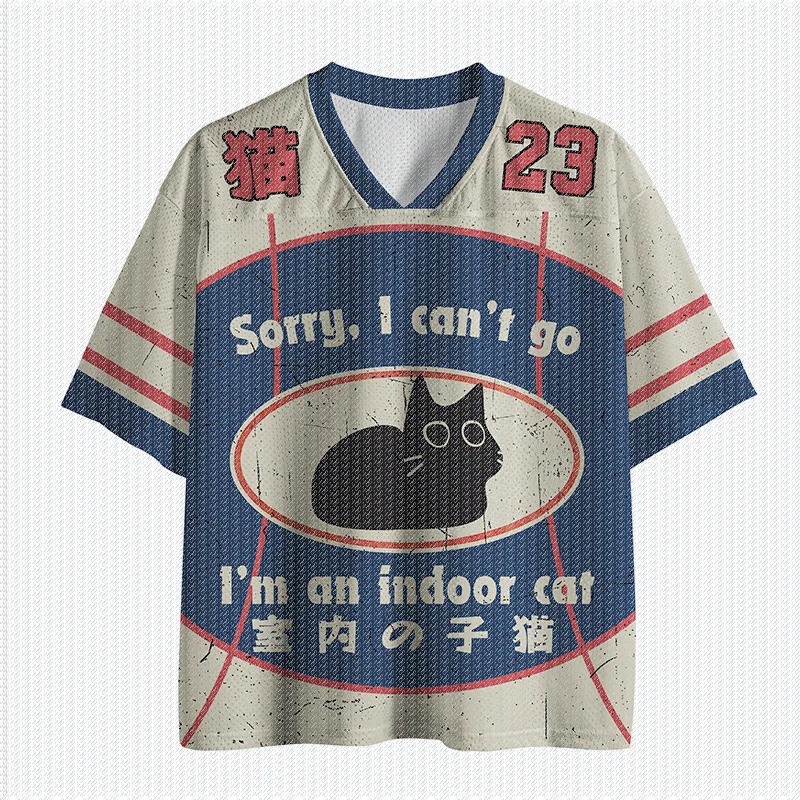 V Neck Vintage Beige Blue Red Mesh Jersey T Shirt Black Cat Oval Graphic Number 23 Retro Casual Streetwear Top