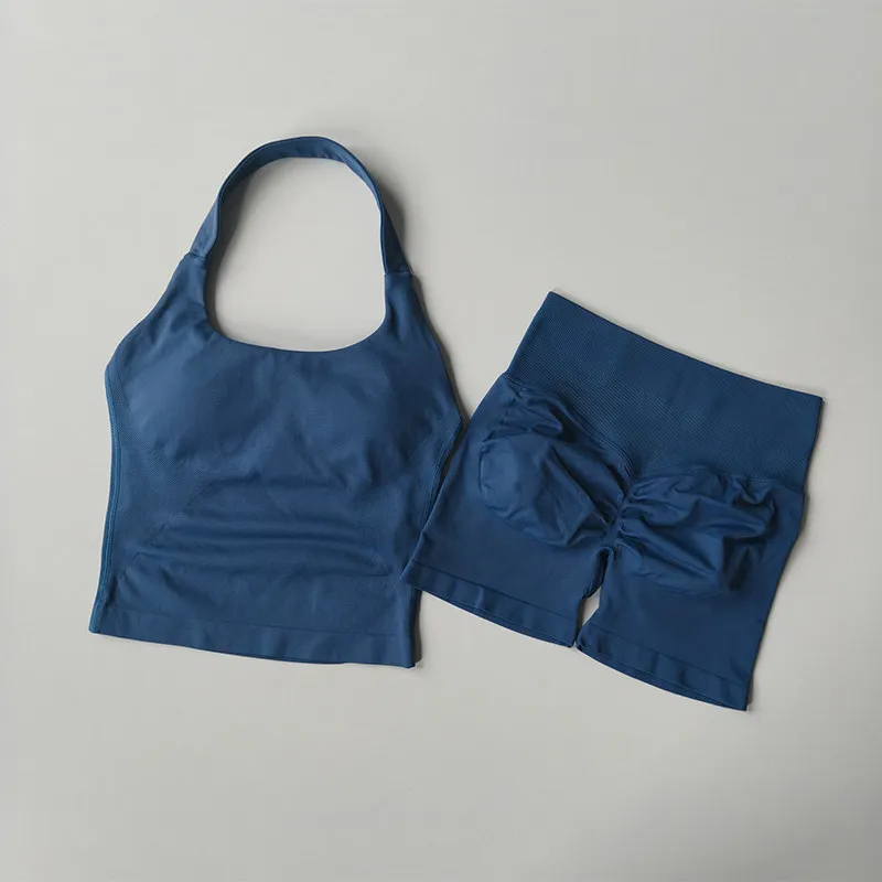Women's Neck Hanging Sports Bra Set Beautiful Back Yoga Suit Two-Piece Vest High Waist Hip Lifting Fitness Gym Set Shorts Sets