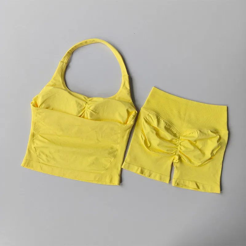 Women's Neck Hanging Sports Bra Set Beautiful Back Yoga Suit Two-Piece Vest High Waist Hip Lifting Fitness Gym Set Shorts Sets