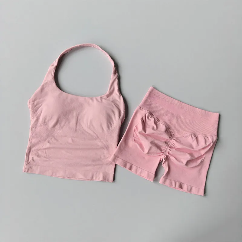 Women's Neck Hanging Sports Bra Set Beautiful Back Yoga Suit Two-Piece Vest High Waist Hip Lifting Fitness Gym Set Shorts Sets