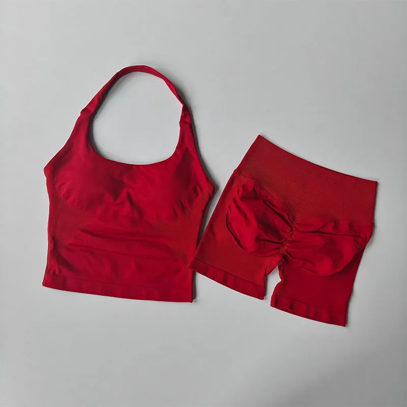 Women's Neck Hanging Sports Bra Set Beautiful Back Yoga Suit Two-Piece Vest High Waist Hip Lifting Fitness Gym Set Shorts Sets