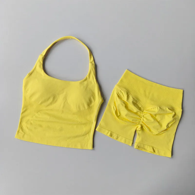 Women's Neck Hanging Sports Bra Set Beautiful Back Yoga Suit Two-Piece Vest High Waist Hip Lifting Fitness Gym Set Shorts Sets