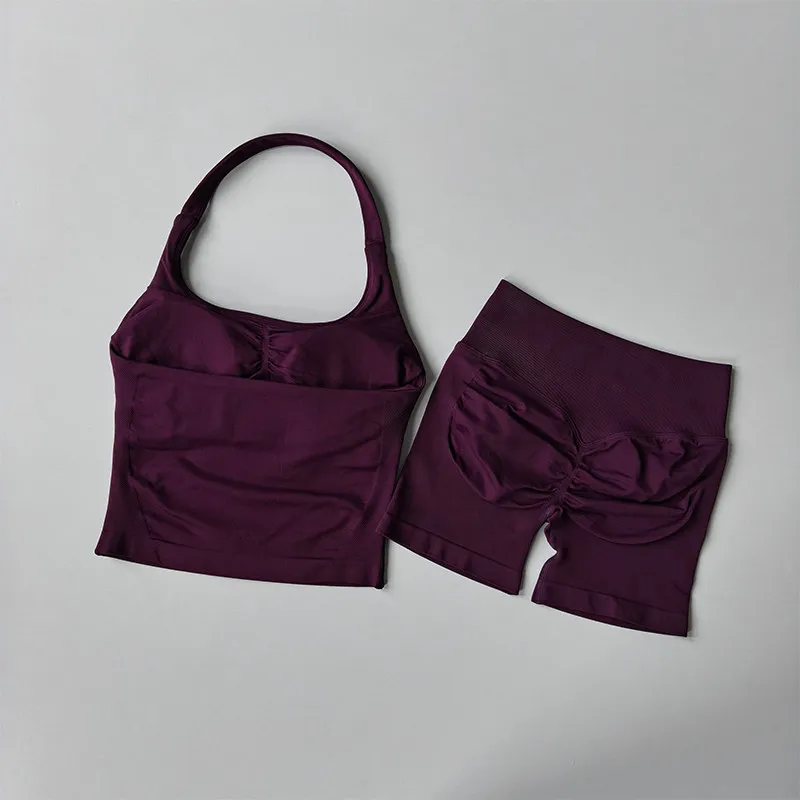 Women's Neck Hanging Sports Bra Set Beautiful Back Yoga Suit Two-Piece Vest High Waist Hip Lifting Fitness Gym Set Shorts Sets