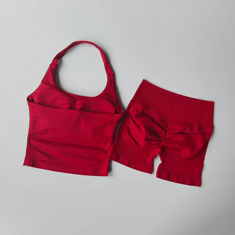 Women's Neck Hanging Sports Bra Set Beautiful Back Yoga Suit Two-Piece Vest High Waist Hip Lifting Fitness Gym Set Shorts Sets