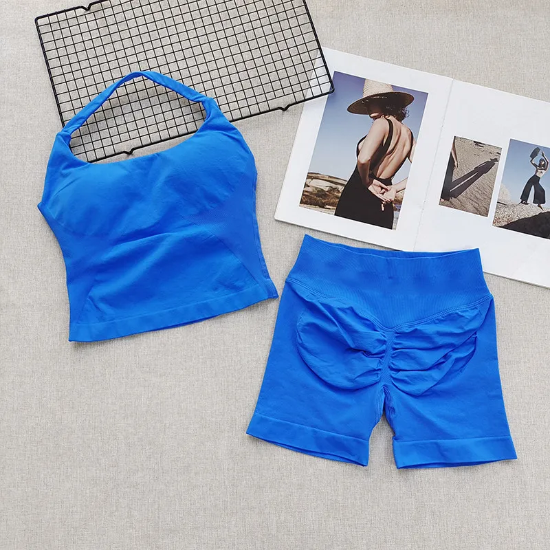 Women's Neck Hanging Sports Bra Set Beautiful Back Yoga Suit Two-Piece Vest High Waist Hip Lifting Fitness Gym Set Shorts Sets
