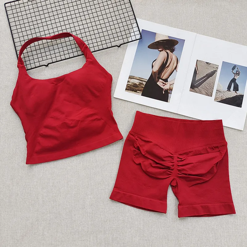 Women's Neck Hanging Sports Bra Set Beautiful Back Yoga Suit Two-Piece Vest High Waist Hip Lifting Fitness Gym Set Shorts Sets