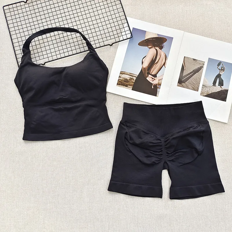 Women's Neck Hanging Sports Bra Set Beautiful Back Yoga Suit Two-Piece Vest High Waist Hip Lifting Fitness Gym Set Shorts Sets