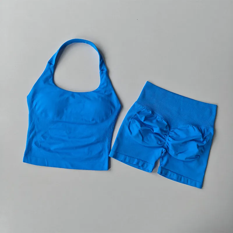 Women's Neck Hanging Sports Bra Set Beautiful Back Yoga Suit Two-Piece Vest High Waist Hip Lifting Fitness Gym Set Shorts Sets