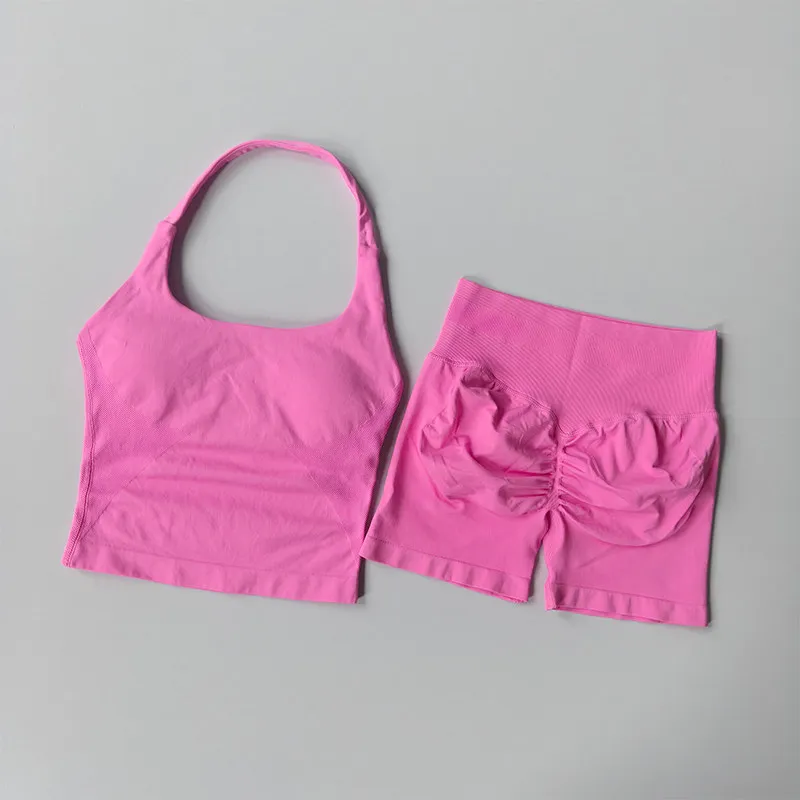 Women's Neck Hanging Sports Bra Set Beautiful Back Yoga Suit Two-Piece Vest High Waist Hip Lifting Fitness Gym Set Shorts Sets