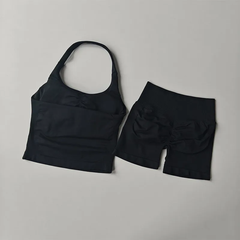 Women's Neck Hanging Sports Bra Set Beautiful Back Yoga Suit Two-Piece Vest High Waist Hip Lifting Fitness Gym Set Shorts Sets