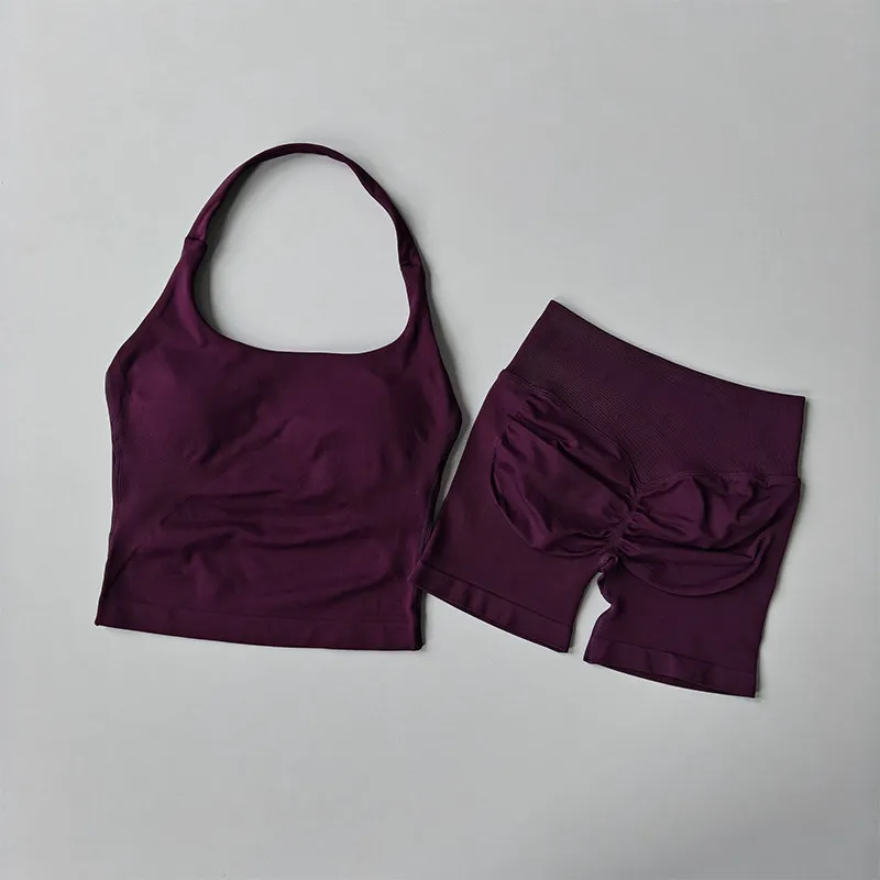 Women's Neck Hanging Sports Bra Set Beautiful Back Yoga Suit Two-Piece Vest High Waist Hip Lifting Fitness Gym Set Shorts Sets