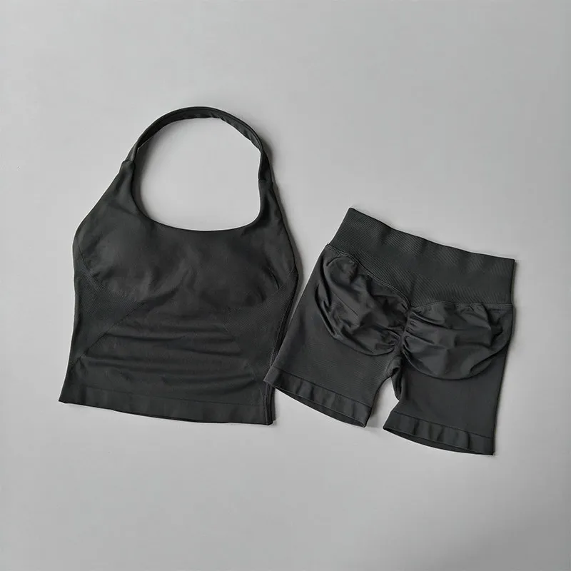 Women's Neck Hanging Sports Bra Set Beautiful Back Yoga Suit Two-Piece Vest High Waist Hip Lifting Fitness Gym Set Shorts Sets