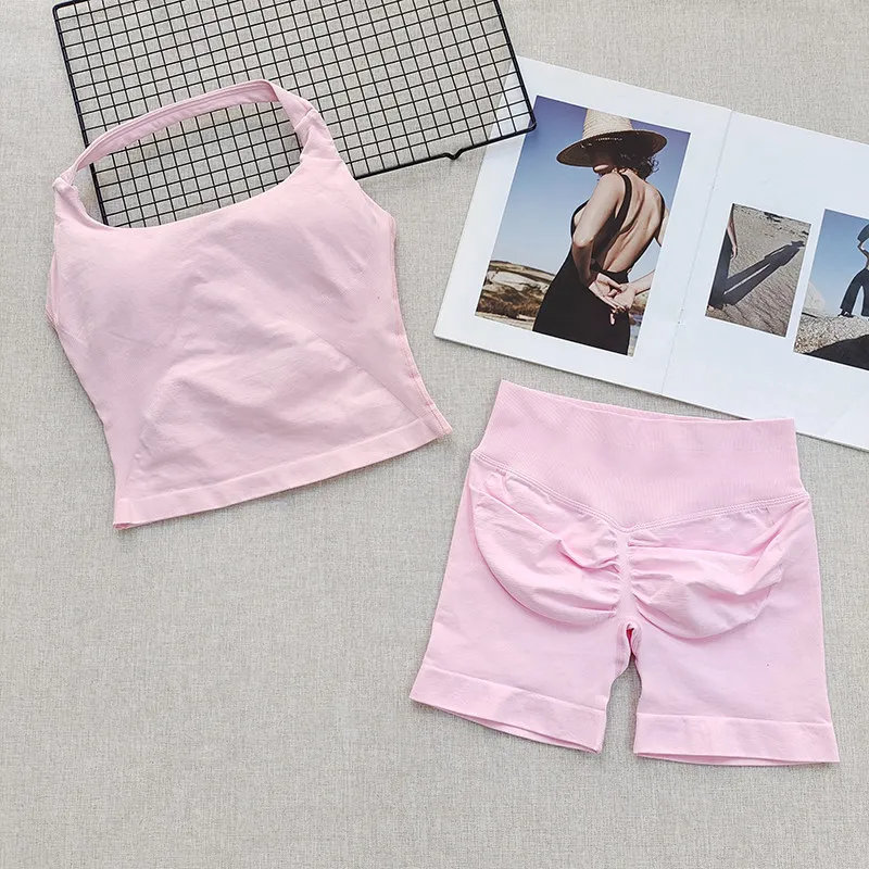 Women's Neck Hanging Sports Bra Set Beautiful Back Yoga Suit Two-Piece Vest High Waist Hip Lifting Fitness Gym Set Shorts Sets