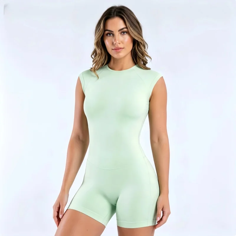 HISTELLO Impact Short Sleeve One Piece Women Open Back Workout Bodysuit Gym Quick Dry Romper Yoga Fitness Sports Solid Jumpsuit