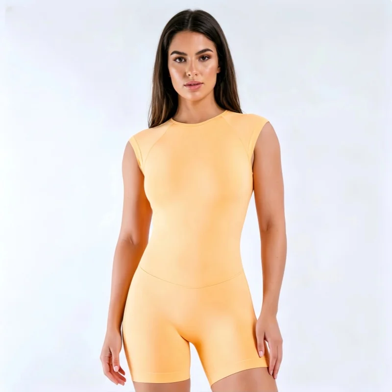 HISTELLO Impact Short Sleeve One Piece Women Open Back Workout Bodysuit Gym Quick Dry Romper Yoga Fitness Sports Solid Jumpsuit