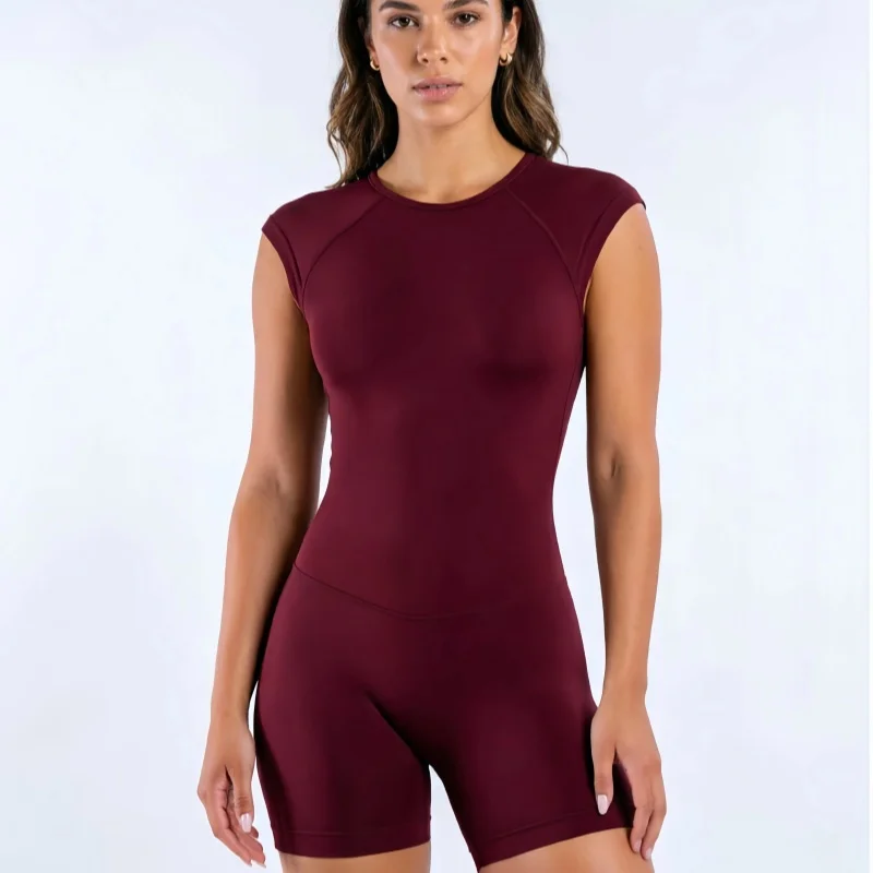 HISTELLO Impact Short Sleeve One Piece Women Open Back Workout Bodysuit Gym Quick Dry Romper Yoga Fitness Sports Solid Jumpsuit