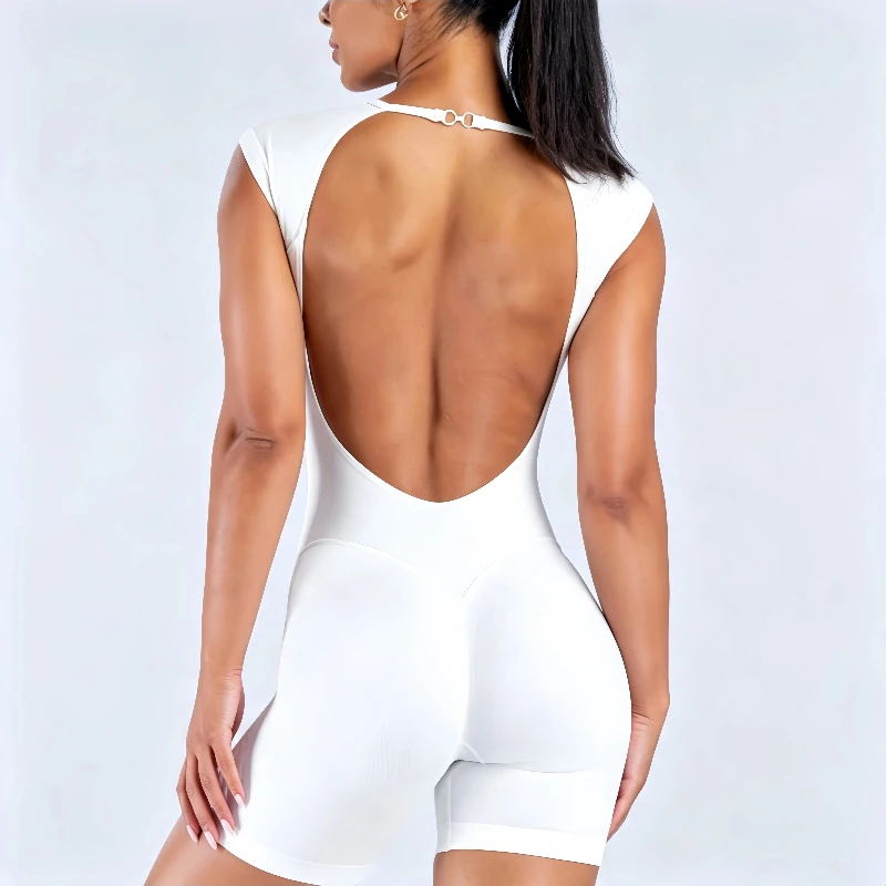 HISTELLO Impact Short Sleeve One Piece Women Open Back Workout Bodysuit Gym Quick Dry Romper Yoga Fitness Sports Solid Jumpsuit