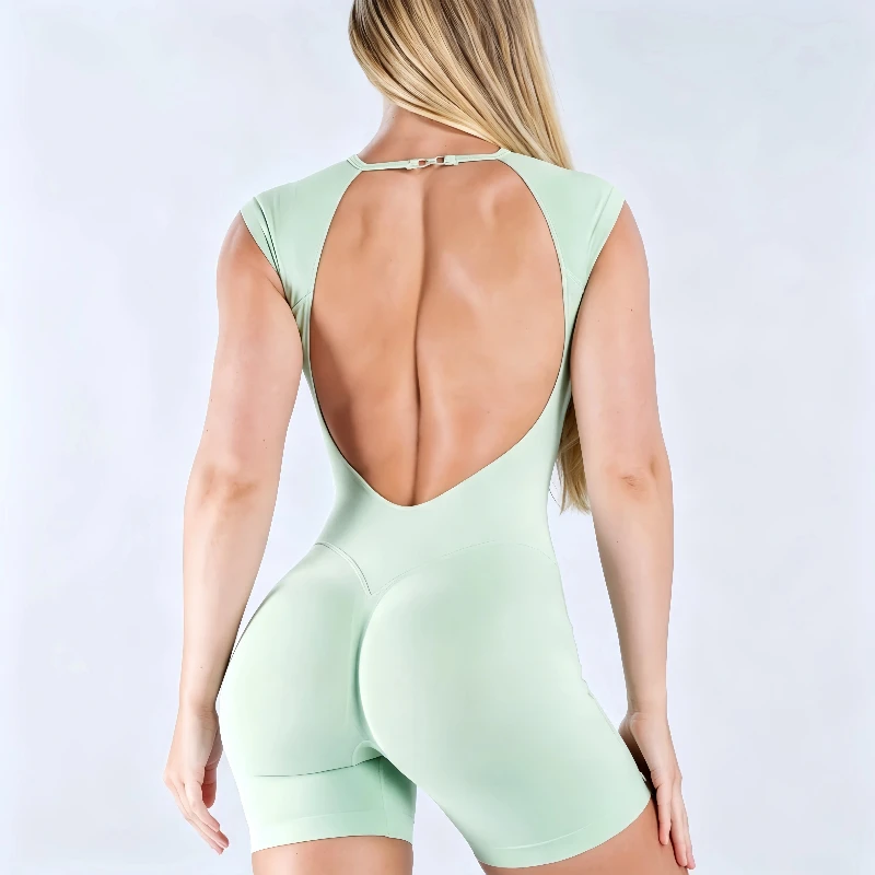 HISTELLO Impact Short Sleeve One Piece Women Open Back Workout Bodysuit Gym Quick Dry Romper Yoga Fitness Sports Solid Jumpsuit