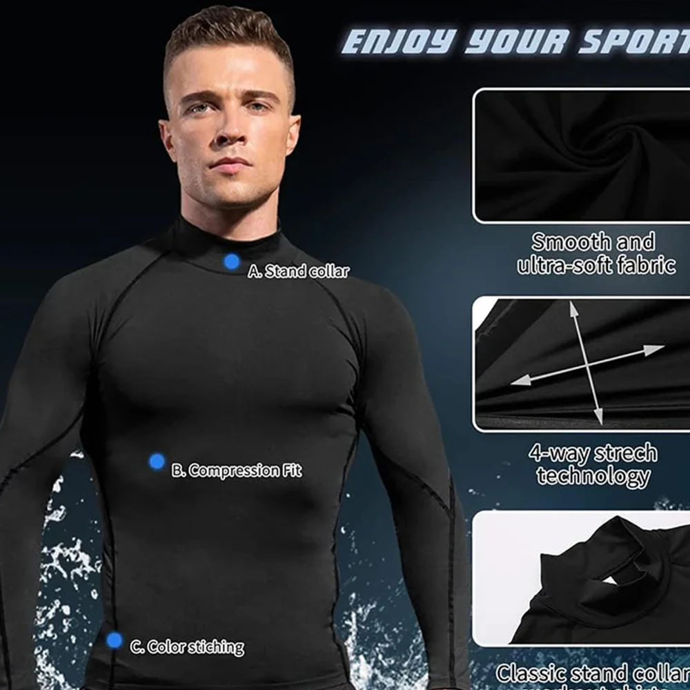Y2K Men's Workout Compression Shirt Turtleneck Long Sleeve Hight Neck Rash Guard Gym Base Layer Athletic Gear Sports Shirts Men