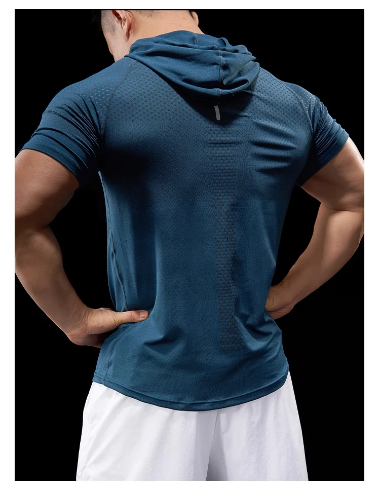 Summer GYM Sport Hooded Running Men T shirt Fitness Slim fit compression elastic Short sleeve Quick Dry Bodybuilding Tshirt