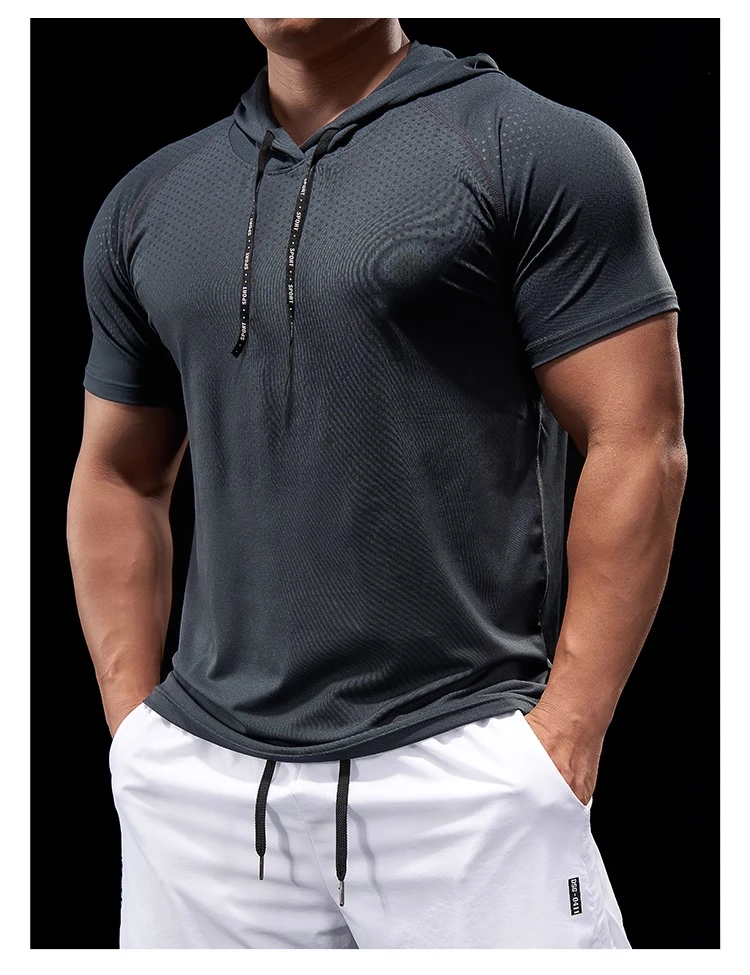 Summer GYM Sport Hooded Running Men T shirt Fitness Slim fit compression elastic Short sleeve Quick Dry Bodybuilding Tshirt