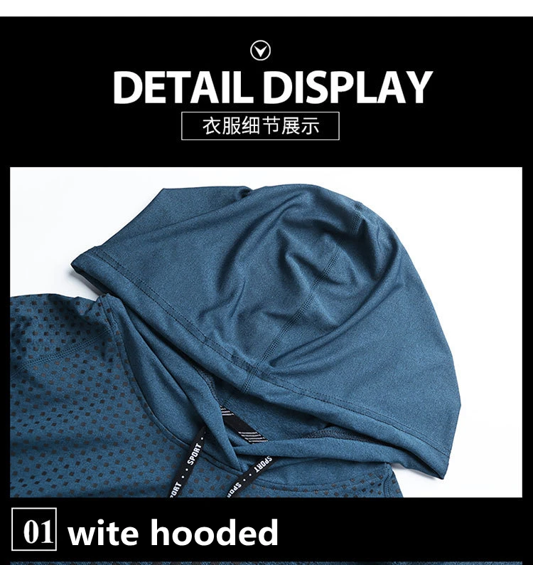 Summer GYM Sport Hooded Running Men T shirt Fitness Slim fit compression elastic Short sleeve Quick Dry Bodybuilding Tshirt