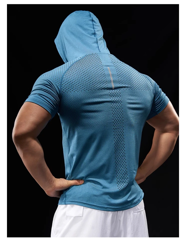 Summer GYM Sport Hooded Running Men T shirt Fitness Slim fit compression elastic Short sleeve Quick Dry Bodybuilding Tshirt