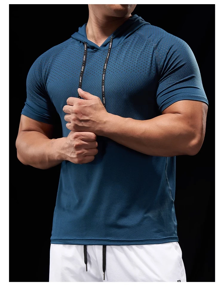 Summer GYM Sport Hooded Running Men T shirt Fitness Slim fit compression elastic Short sleeve Quick Dry Bodybuilding Tshirt