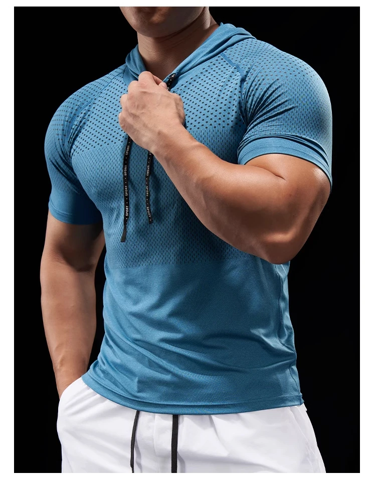 Summer GYM Sport Hooded Running Men T shirt Fitness Slim fit compression elastic Short sleeve Quick Dry Bodybuilding Tshirt