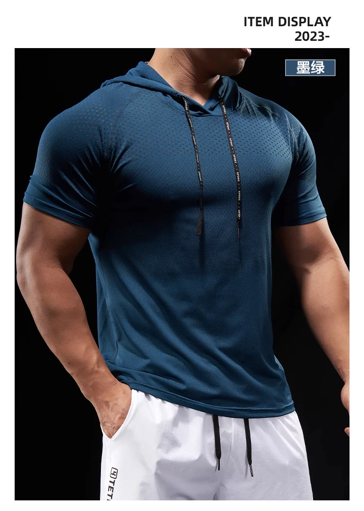 Summer GYM Sport Hooded Running Men T shirt Fitness Slim fit compression elastic Short sleeve Quick Dry Bodybuilding Tshirt