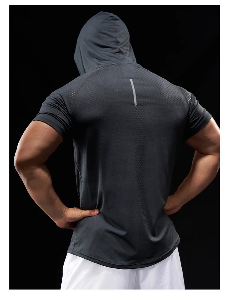 Summer GYM Sport Hooded Running Men T shirt Fitness Slim fit compression elastic Short sleeve Quick Dry Bodybuilding Tshirt
