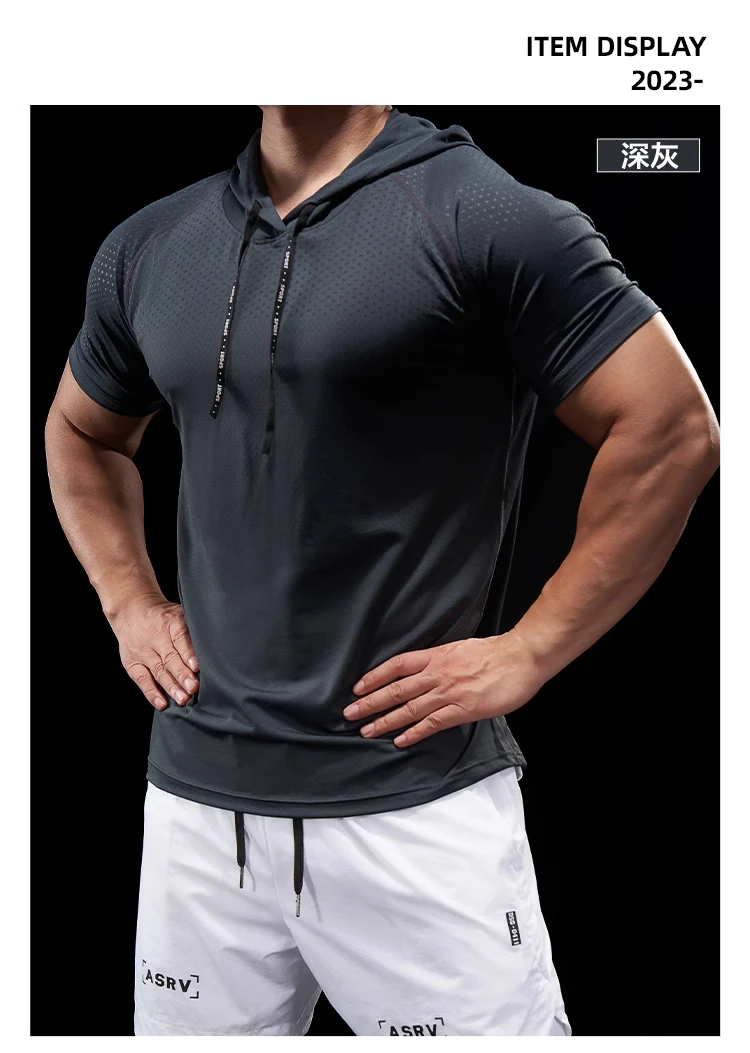Summer GYM Sport Hooded Running Men T shirt Fitness Slim fit compression elastic Short sleeve Quick Dry Bodybuilding Tshirt