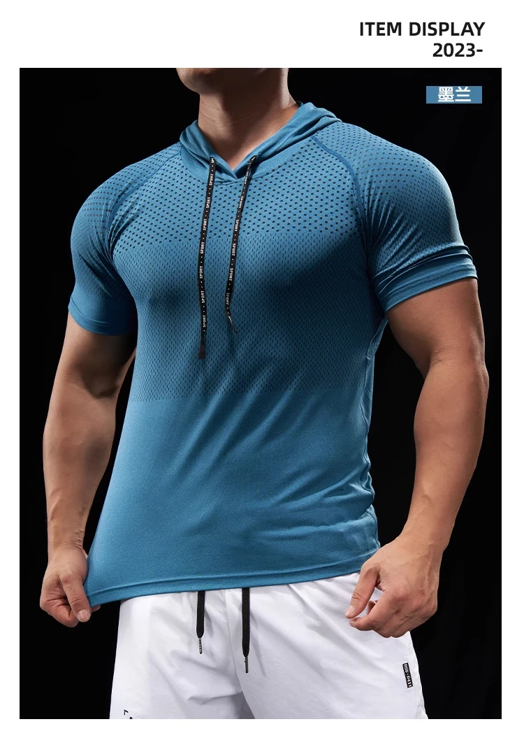 Summer GYM Sport Hooded Running Men T shirt Fitness Slim fit compression elastic Short sleeve Quick Dry Bodybuilding Tshirt