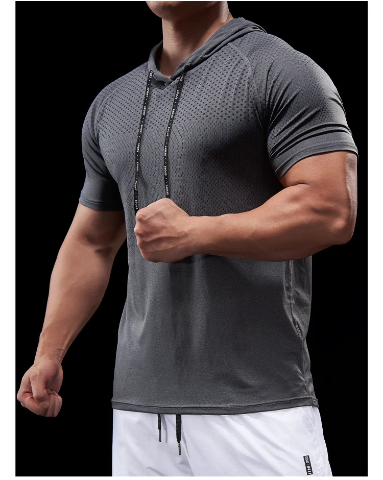 Summer GYM Sport Hooded Running Men T shirt Fitness Slim fit compression elastic Short sleeve Quick Dry Bodybuilding Tshirt