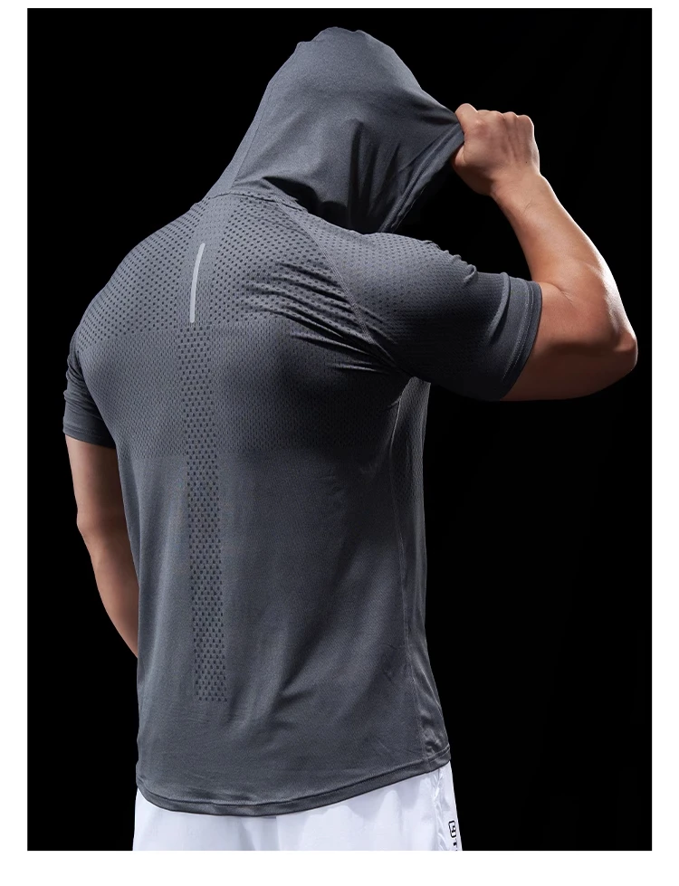 Summer GYM Sport Hooded Running Men T shirt Fitness Slim fit compression elastic Short sleeve Quick Dry Bodybuilding Tshirt