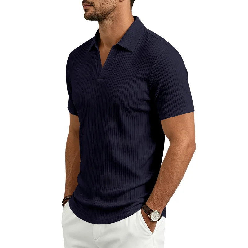 2026 Summer Men's Shirt Pure Color Vertical Stripe V-Neck Polo Shirt Men Casual Quick-Dry Breathability Short Sleeve T-Shirt