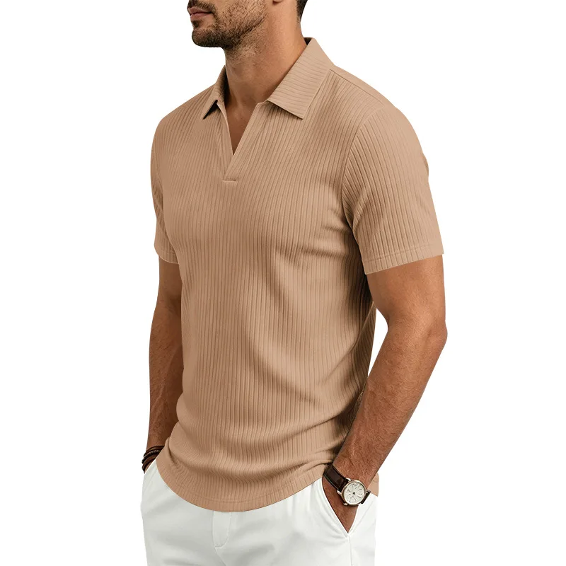 2026 Summer Men's Shirt Pure Color Vertical Stripe V-Neck Polo Shirt Men Casual Quick-Dry Breathability Short Sleeve T-Shirt