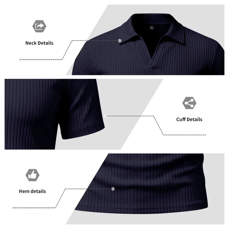 2026 Summer Men's Shirt Pure Color Vertical Stripe V-Neck Polo Shirt Men Casual Quick-Dry Breathability Short Sleeve T-Shirt