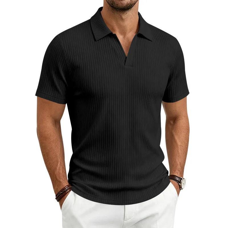 2026 Summer Men's Shirt Pure Color Vertical Stripe V-Neck Polo Shirt Men Casual Quick-Dry Breathability Short Sleeve T-Shirt